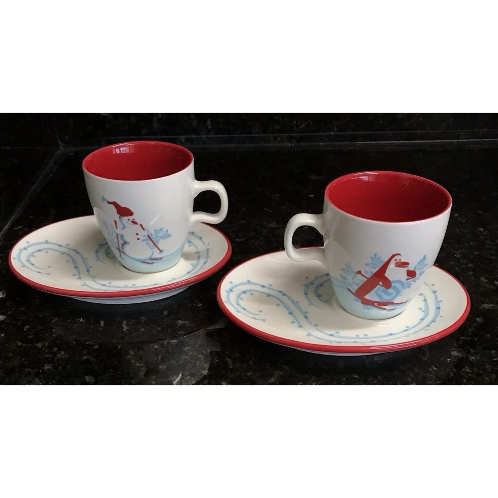 Set of 2 Starbucks 2007 Christmas Coffee Cup & Saucer Holiday‎ Snowman & Penguin